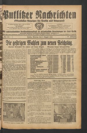 Putlitzer Nachrichten vom 01.08.1932