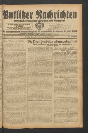 Putlitzer Nachrichten vom 13.08.1932