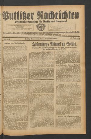 Putlitzer Nachrichten vom 01.09.1932