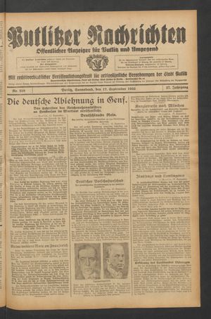 Putlitzer Nachrichten vom 17.09.1932