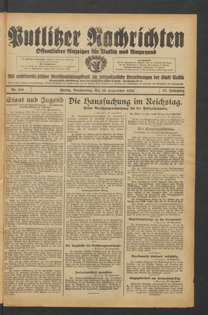 Putlitzer Nachrichten vom 29.09.1932