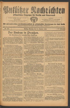 Putlitzer Nachrichten vom 31.10.1932