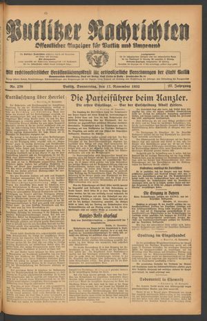 Putlitzer Nachrichten vom 17.11.1932