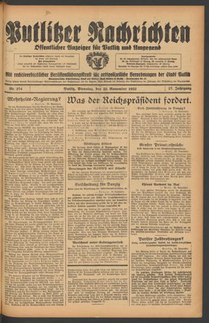 Putlitzer Nachrichten vom 22.11.1932