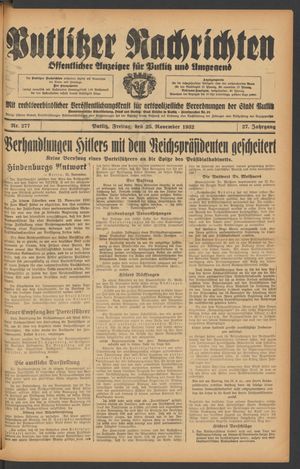 Putlitzer Nachrichten vom 25.11.1932