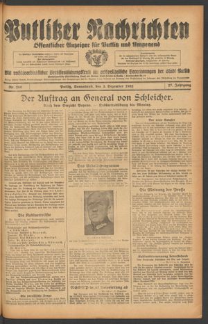 Putlitzer Nachrichten vom 03.12.1932