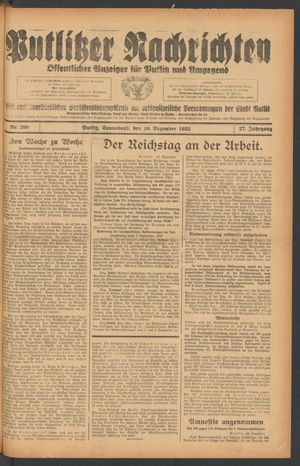 Putlitzer Nachrichten vom 10.12.1932