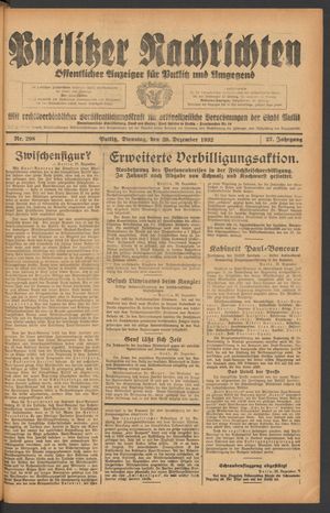 Putlitzer Nachrichten vom 20.12.1932