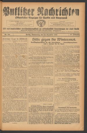 Putlitzer Nachrichten vom 22.12.1932