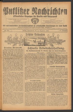 Putlitzer Nachrichten vom 24.12.1932
