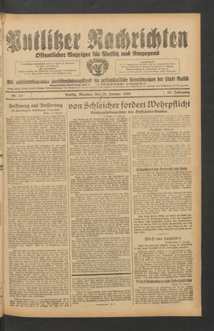 Putlitzer Nachrichten vom 16.01.1933