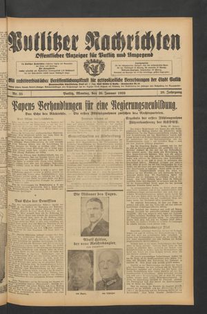 Putlitzer Nachrichten vom 30.01.1933
