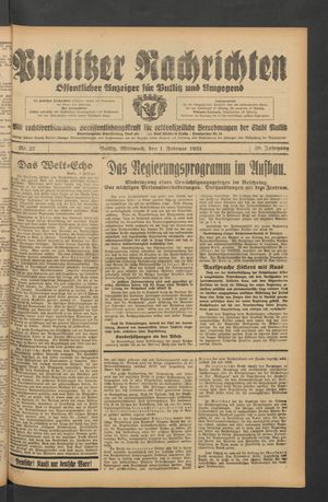 Putlitzer Nachrichten vom 01.02.1933