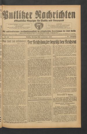 Putlitzer Nachrichten vom 03.02.1933