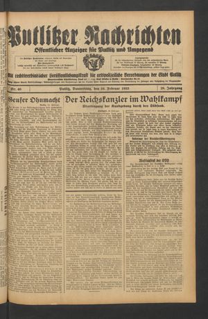 Putlitzer Nachrichten vom 16.02.1933
