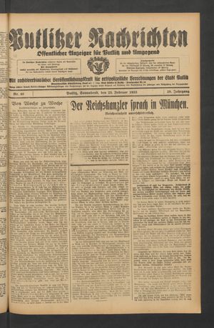 Putlitzer Nachrichten vom 25.02.1933