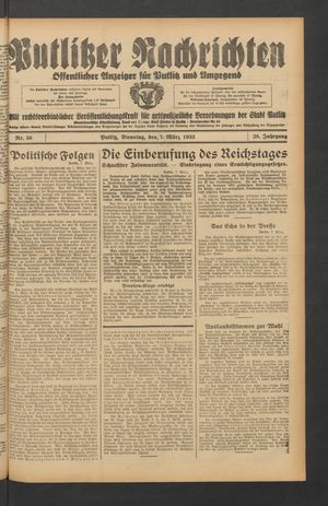 Putlitzer Nachrichten vom 07.03.1933