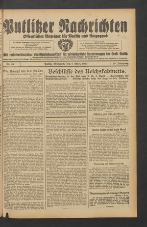 Putlitzer Nachrichten vom 08.03.1933