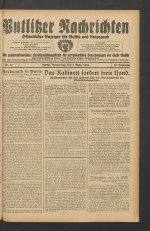 Putlitzer Nachrichten vom 09.03.1933