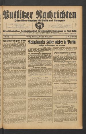 Putlitzer Nachrichten vom 14.03.1933