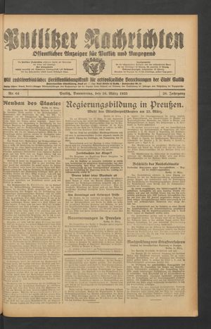 Putlitzer Nachrichten vom 16.03.1933