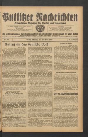 Putlitzer Nachrichten vom 20.03.1933