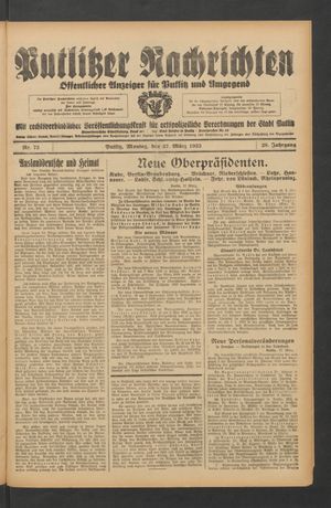 Putlitzer Nachrichten vom 27.03.1933