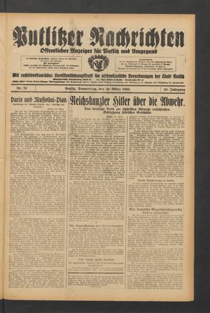 Putlitzer Nachrichten vom 30.03.1933