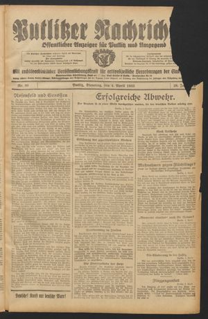 Putlitzer Nachrichten vom 04.04.1933
