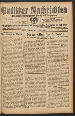Putlitzer Nachrichten vom 22.04.1933