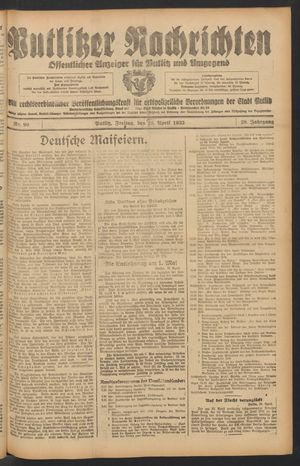 Putlitzer Nachrichten vom 28.04.1933