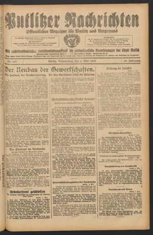 Putlitzer Nachrichten vom 04.05.1933