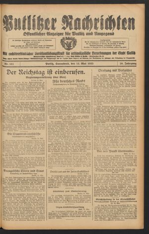 Putlitzer Nachrichten vom 13.05.1933