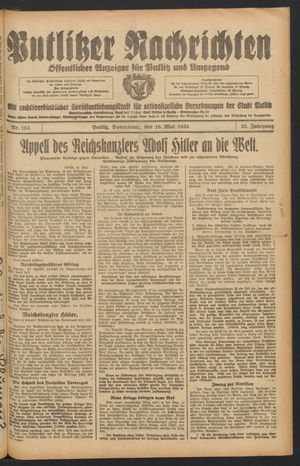 Putlitzer Nachrichten vom 18.05.1933