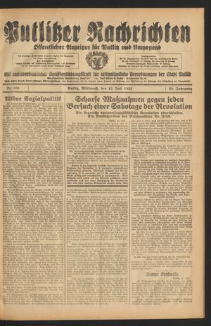Putlitzer Nachrichten vom 12.07.1933