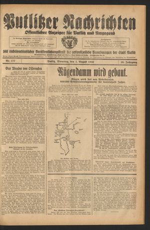 Putlitzer Nachrichten vom 01.08.1933