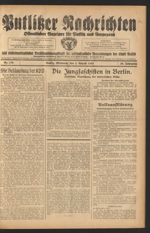 Putlitzer Nachrichten vom 02.08.1933