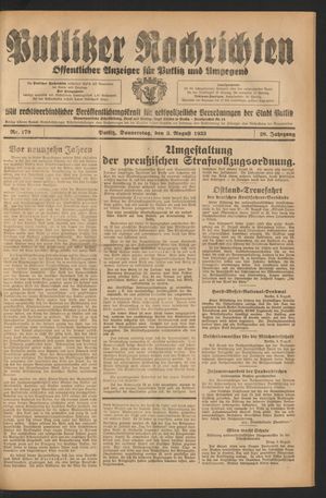 Putlitzer Nachrichten vom 03.08.1933