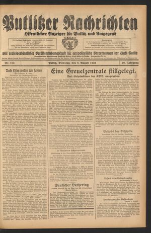Putlitzer Nachrichten vom 08.08.1933