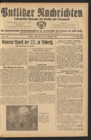 Putlitzer Nachrichten vom 14.08.1933