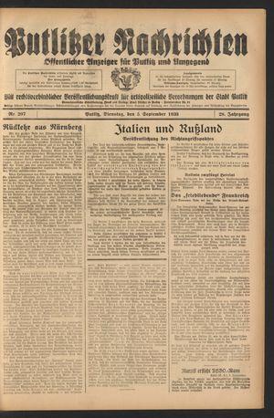 Putlitzer Nachrichten vom 05.09.1933