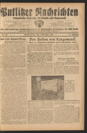 Putlitzer Nachrichten vom 08.09.1933