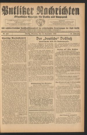 Putlitzer Nachrichten vom 12.09.1933