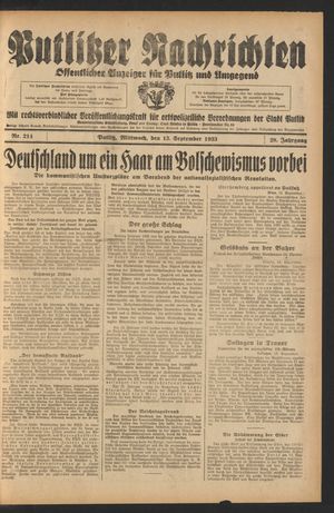 Putlitzer Nachrichten vom 13.09.1933