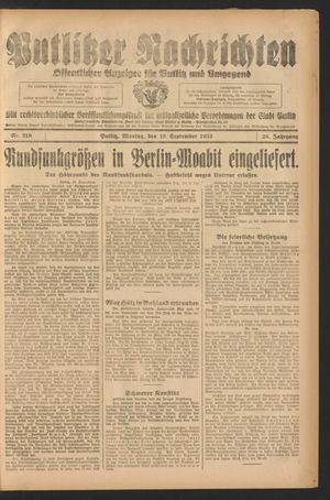 Putlitzer Nachrichten vom 18.09.1933