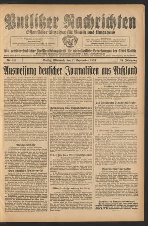 Putlitzer Nachrichten vom 27.09.1933