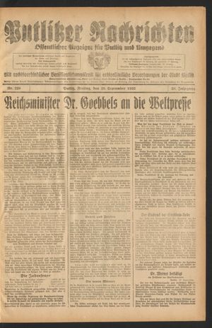 Putlitzer Nachrichten vom 29.09.1933