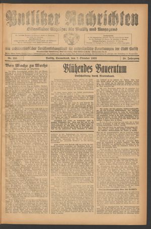 Putlitzer Nachrichten vom 07.10.1933