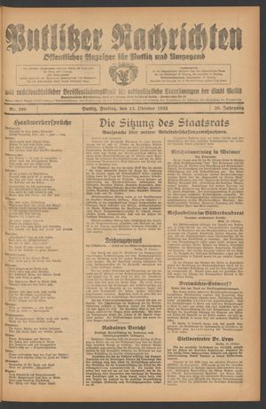 Putlitzer Nachrichten vom 13.10.1933