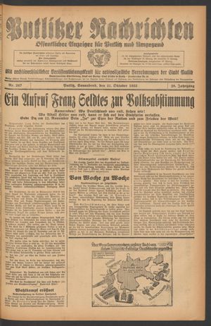 Putlitzer Nachrichten vom 21.10.1933